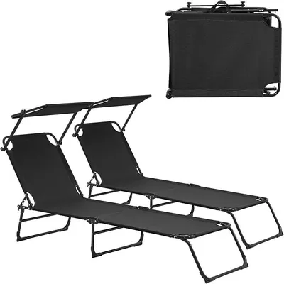 Produktbild von Sonnenliege Lomeda 2er Set Liegestuhl klappbar Relaxliege Strandliege bis 110 kg 187 x 53 x 27 cm Gartenliege mit Sonnenschutz Rückenlehne verstellbar Stahlgestell Schwarz