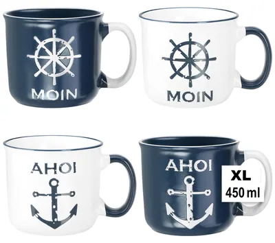Produktbild von com-four® 4x XL Kaffeebecher aus Keramik - 450 ml Trinkbecher - Maritime Kaffeetassen für zu Hause und Büro - Kaffeepott für Kalt- und Heißgetränke