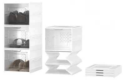 Schuhaufbewahrungsbox, 3 Ebenen, Kunststoff, transparent, stapelbar, weiß