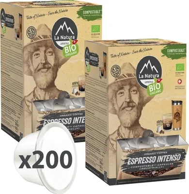 Produktbild von La Natura Kapseln ESPRESSO INTENSO Kaffee XXL BOX 200 Kaffeekapseln | La Natura Lifestyle Organic 1020g| biobasiert | Nespresso®*³ kompatibel
