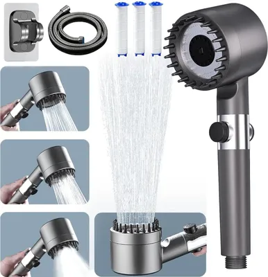A collage of images showing a shower head with water spraying, its components, and how it's used.