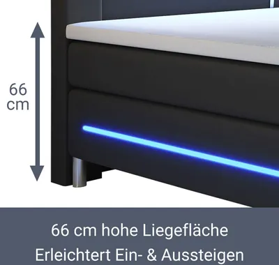Produktbild von Juskys Boxspringbett Norfolk 180 x 200 cm – LED Beleuchtung, Bonell-Matratzen, Topper & Kunstleder – 66 cm Komforthöhe – schwarz – Bett Doppelbett
