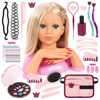 A styling head for children with various hair and makeup accessories.