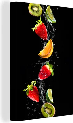 Produktbild von OneMillionCanvasses® - Leinwandbilder - 90x140 cm, Obst - Wasser - Schwarz - Stillleben Erdbeere - Kiwi, Wandbilder Kunstdruck Wanddekoration - Foto auf Leinwand - Gemälde auf - Wandschmucke - Schlafzimmer