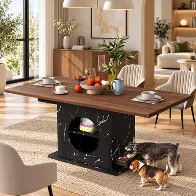 Produktbild von Merax Ausziehbarer Esstisch 140–180 cm mit integriertem Hundefutterplatz und Ablage, Küchentisch für 4–6 Personen, Schwarz+Walnuss