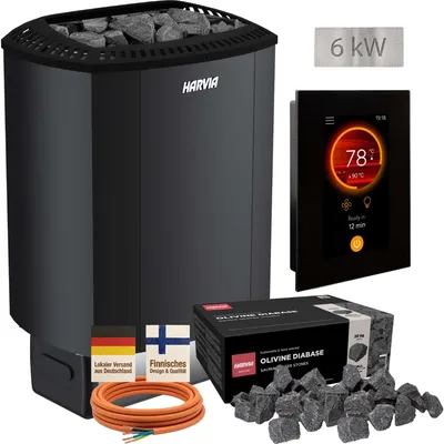Produktbild von Harvia Sound M60E Black 6 kW Saunaofen Set 7-teilig, Fenix FX110 WiFi Steuerung, Steine & Kabel - Smartes Starter-Set