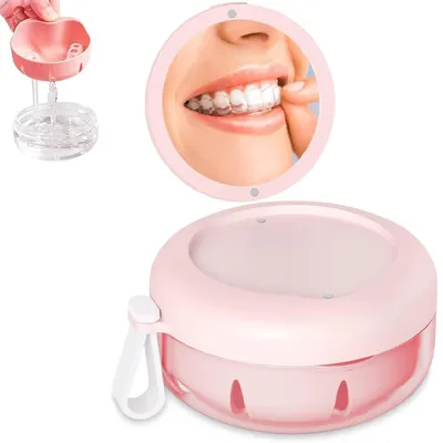Produktbild von Zahnprothesenbox 95 x 95 x 50 mm - mit Spiegel -Prothesenbehälter mit Sieb und Auffangschale - Aufbewahrungsbox für Zahnersatz und Zahnspangen - Rosa