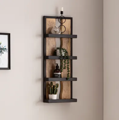 Produktbild von WOHNLING Wandregal 30x80x10 cm Mango Massivholz / Metall Hängeregal Industrial Schweberegal Rechteckig Regal Hängend Wohnzimmer Holzregal Wand mit 4