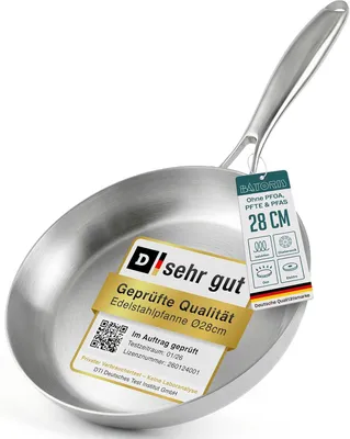 Produktbild von Batoris Edelstahlpfanne Unbeschichtet - Induktion - Profi Bratpfanne 28cm - Perfekt als Steakpfanne & Pastapfanne ohne Beschichtung - Brat- Universalp