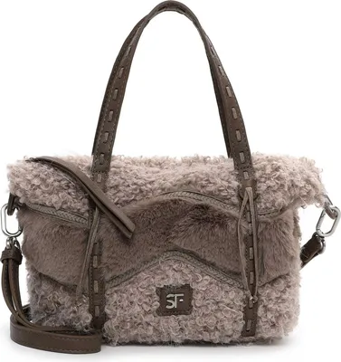 A taupe faux fur shopper bag with brown leather accents and stitching.