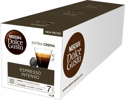 A product box for Nescafé Dolce Gusto Espresso Intenso coffee capsules.