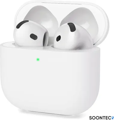 A pair of white wireless earbuds in their charging case, with the lid open.