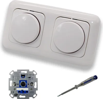 Produktbild von REV Ritter (2 Stück) LED Drehdimmer Dimmer + Busch Jäger Dimmerscheiben 2115-214 in ReflexSi alpinweiß glänzend im 2-fach Rahmen inkl. EBROM Phasenprüfer zur Montage der Geräte ET1 66012B