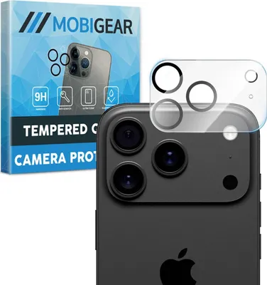 A product shot of a camera lens protector for an iPhone, shown with its packaging.