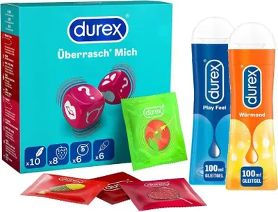Produktbild von Durex Überrasch Mich-Set mit Durex Überrasch‘ Mich Kondome - 30er Großpackung (1 x 30 Stück) & Durex Play Gleitgel Ausprobierpaket für Sie und Ihn | Wärmend & Feel (2 x 100ml)
