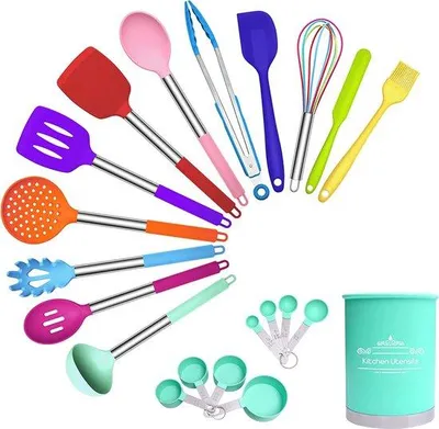 Immagine prodotto di Set di utensili da cucina in silicone Unyqoos® con supporto – Antiaderenti, manici in acciaio inossidabile, per cucinare, disponibili in vari colori