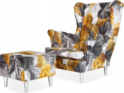 Produktbild von Family Meble Ohrensessel mit Hocker Print Relaxsessel Skandinavisch Bequemer Sessel Loungesessel Fernsehsessel Wohnzimmer Schlafzimmer Büro (POLY 4)