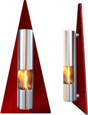 Two ethanol or gel fireplaces are shown against a white background. The fireplace on the left is larger and triangular, while the one on the right is smaller and cylindrical, mounted on a red backing.