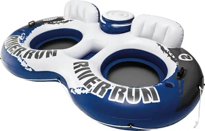 A two-person inflatable river float with cup holders and backrests.