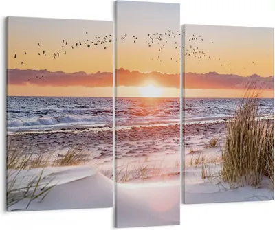 Produktbild von Bild auf Leinwand - Leinwandbild - 3 Teile - Sonne Strand Vögel - 95x80cm - Wand Bild - Wanddeko - Wandbilder - Leinwanddruck - Bilder - Wanddekoration - Leinwand bilder - Wandbild - CB95x80-4727
