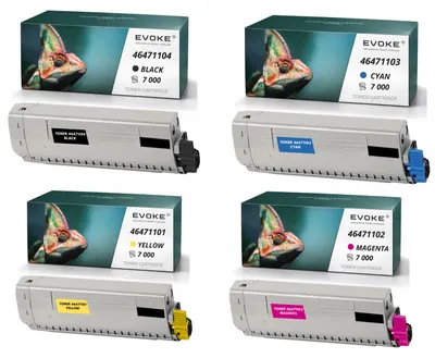 Image de Cartouches de toner compatibles Evoke pour OKI C823, référence 46471104, comprenant 4 cartouches CMJN : noir, cyan, magenta, jaune, pour environ 28 000 pages, compatibles avec les modèles C823dn, C823n, C833dn et C843dn