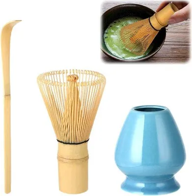 Produktbild von Japanischer Handgemachter Matcha-Klopper-Set - 100 Zähne - Bambus-Klopperhalter - Traditioneller Theelepel - Grün - 3-teiliges Set