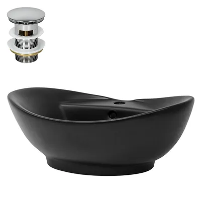 Obrázek produktu pro LuxeBath umyvadlo Oválné umyvadlo na desku, 59x39,5x20,5 cm, černé, z keramiky, včetně odtokové soupravy s přepadem