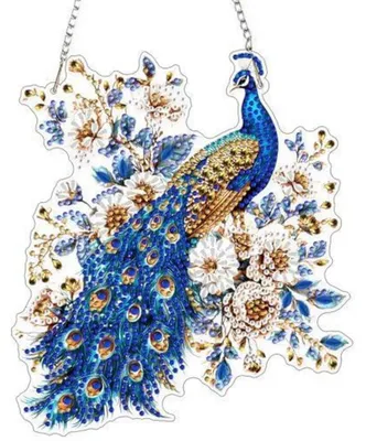Productafbeelding van Diamantverfijning, raamdecoratie, pauw, bloemen, 5D, dubbelzijdig, 8x7 inch, blauw