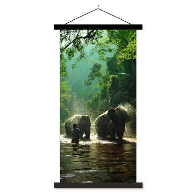 Produktbild von MuchoWow® Textilposter Elefant - Wasser - Bäume - Grün - Tiere 90x180 cm mit schwarzem Rahmen - Dekoration Wohnzimmer