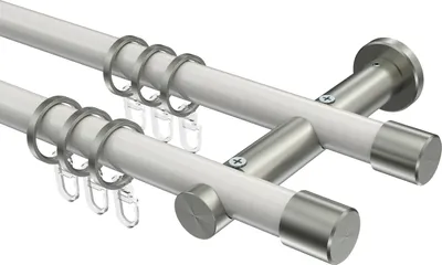 Produktbild von Interdeco Gardinenstange / Vorhangstange Weiß / Edelstahl-Optik, Typ Platon Santo (Kappe), 20 mm Ø 2-läufig, 480 cm