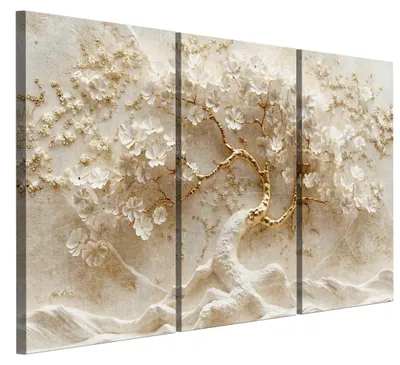 Produktbild von LUMASOUL Leinwand Bilder 120x80 cm, Leinwandbild Blumen Japandi Motiv, Wandbilder Holzrahmen und Webstuhl Wohnzimmer und Schlafzimmer, 3 teilig Baum 01