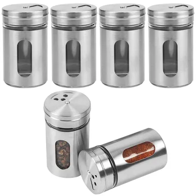 Zdjęcie produktu dla Pojemnik na przyprawy - Zestaw 6 szt. - 80 ml - Okrągłe słoiczki - Stal nierdzewna - Z pokrywką