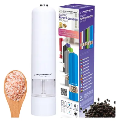 A white electric pepper grinder is shown next to a box displaying multiple colored grinders and text. A wooden spoon with pink salt and a pile of black peppercorns are also visible.