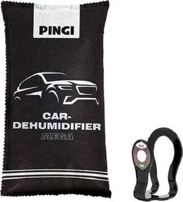 A car dehumidifier bag and a clip are shown against a white background.