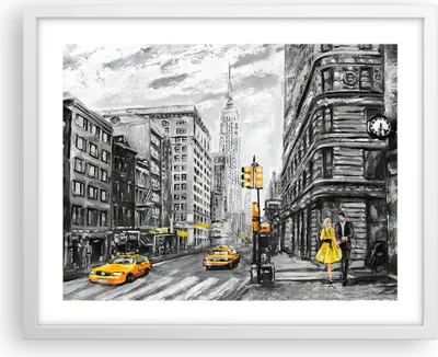 Produktbild von Gerahmtes Poster - Weißer Rahmen - Stadt Taxi Wolkenkratzer Illustration - 50x40 cm - Wand Bild - Wanddeko - Wandbilder - Wandposter - Bilderrahmen - Bilder - Kunstdruck - Wandbild - P2WAA50x40-3148