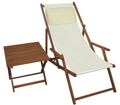 Produktbild von Liegestuhl weiß Gartenliege Kissen Tisch Sonnenliege Holz Gartenstuhl Massivholzmöbel 10-303TKH