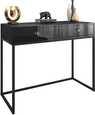 A black console table with a metal frame and decorative items on top.