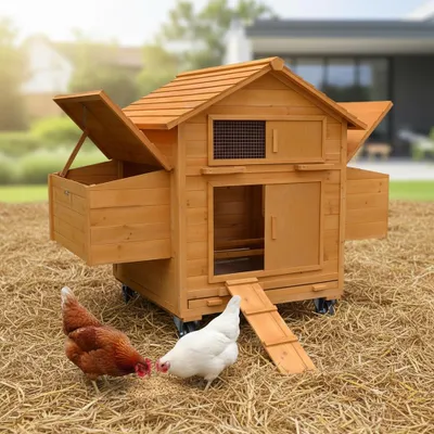 A wooden chicken coop with two chickens in a grassy, straw-covered yard.