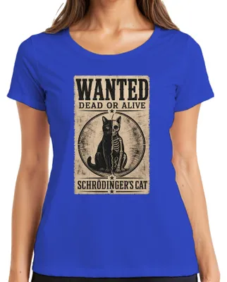 Immagine prodotto di Maglietta da donna, blu, taglia 3XL. Motivo: "Il gatto di Schrödinger: ricercato vivo o morto". (Categoria: Fisica, tono sarcastico)