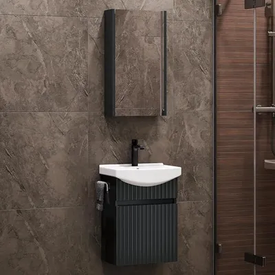 Zdjęcie produktu dla Zestaw mebli łazienkowych do WC dla gości, antracytowy, matowy, składający się z umywalki z szafką dolną o szerokości 45 cm (wraz z umywalką ceramiczną) oraz szafki podlustrzanej o szerokości 40 cm