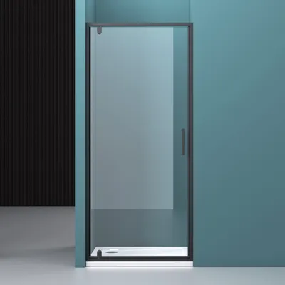 A shower door in a modern bathroom setting.
