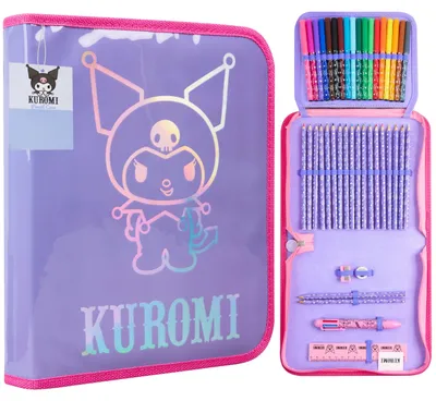 Productafbeelding van Hello Kitty pennenetui voor meisjes, gevuld met schoolspullen, kleurpotloden, fineliners en meer. Cinnamoroll, Kuromi, Sanrio, cadeau-idee (paars, Kuromi)