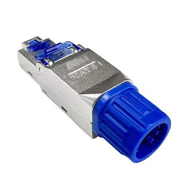 A close-up studio shot of a single network connector against a white background.