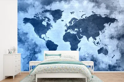 Produktbild von MuchoWow® Fototapete für Wohnzimmer oder Schlafzimmer Wandtapete Vinyl Motivtapete Weltkarte - Farbe - Blau - 525x350 cm - Das Hintergrundbild