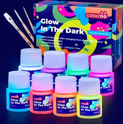 Produktbild von colozoo Nachtleuchtend Acrylfarben Set | 8x20ml Leuchtfarben + 3 Pinsel | Die Glow In The Dark Acryl Farben sind Dauerhaft auf Jede Oberflächen | Fluoreszierende Selbstleuchtende Farben