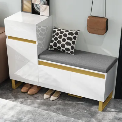 Image de OKWISH Meuble à Chaussures d’Entrée - Avec Tiroir et Portes - Banc Avec Coussin Moelleux - MDF - 120 x 35 x 85 cm - Blanc