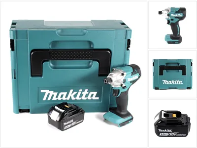 A collage of images showing a Makita cordless impact driver, its storage case, and batteries.