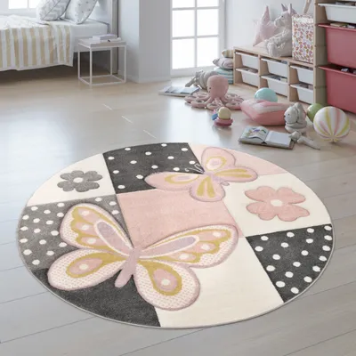 Produktbild von Kinder Teppich Kinderzimmer Bunt Rosa Schmetterlinge Karo Muster Punkte Blumen Grösse Ø 200 cm Rund