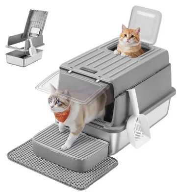 Image de Litière pour chat en acier inoxydable avec couvercle et accessoires | Gris colombe | 40x60x38 cm