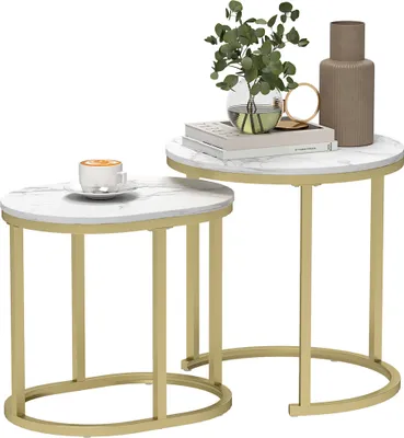 Image de HOMCOM Lot de 2 tables basses tables d'appoint gigognes en acier et plateau MDF aspect marbre - table ronde et ovale - or